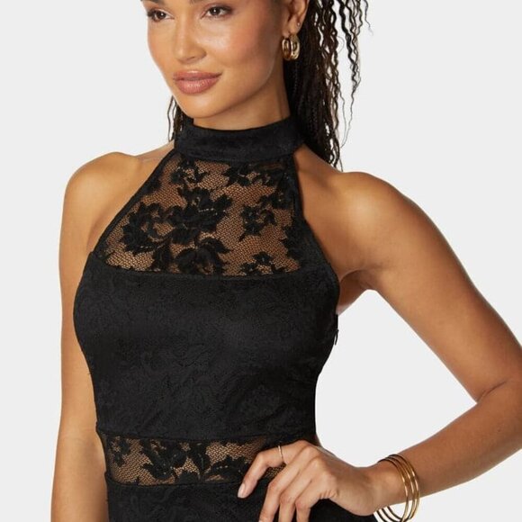 NEW BEBE Women's Midi Dress Black Marseille Lace Mock Neck Illusion Size L - Picture 3 of 10